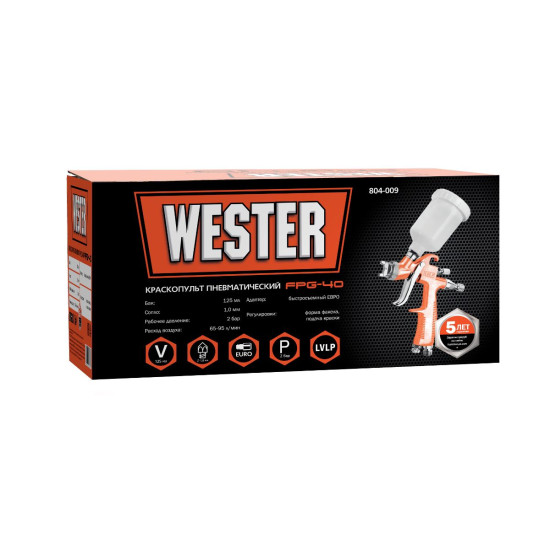 Краскораспылитель пневматический WESTER FPG-40 LVLP с верхним бачком Краскораспылитель пневматический WESTER FPG-40 LVLP с верхним бачком