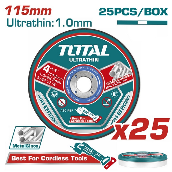 Круг отрезной 115x1,0x22,2 мм по нержавеющей стали TOTAL TAC11011525 (25 шт)
