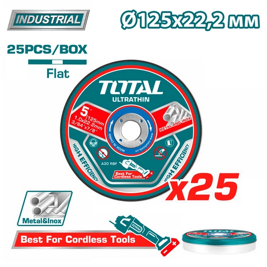 Круг отрезной 125x1,0x22,2 мм по нержавеющей стали TOTAL TAC21012525 (25 шт) Круг отрезной 125x1,0x22,2 мм по нержавеющей стали TOTAL TAC21012525 (25 шт)