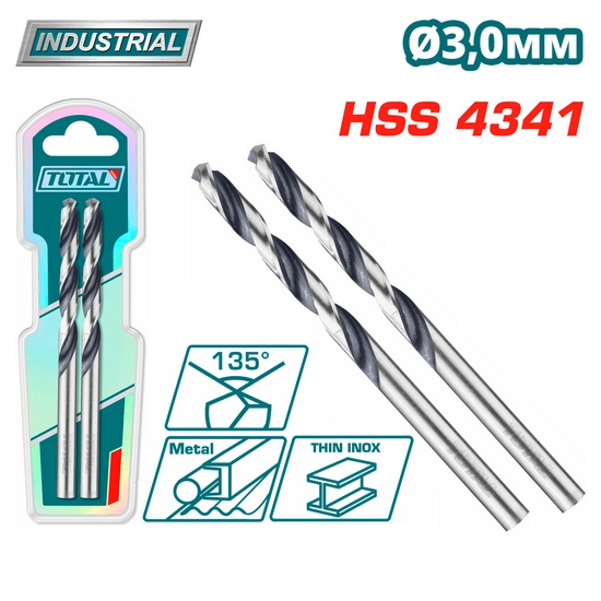 Сверло по металлу HSS 3 мм TOTAL TAC1200034 (2 шт) Сверло по металлу HSS 3 мм TOTAL TAC1200034 (2 шт)