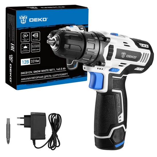 Дрель-шуруповерт аккумуляторная DEKO DKCD12V SNOW WHITE 083-1106 Дрель-шуруповерт аккумуляторная DEKO DKCD12V SNOW WHITE 083-1106