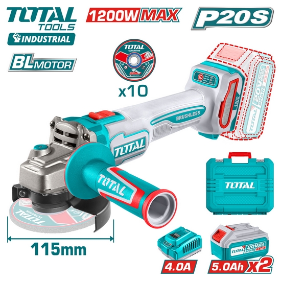 Аккумуляторная угловая шлифовальная машина (2 акк., 1 заряд. устройство) 20В 115мм TOTAL TAGLI221 Аккумуляторная угловая шлифовальная машина (2 акк., 1 заряд. устройство) 20В 115мм TOTAL TAGLI221