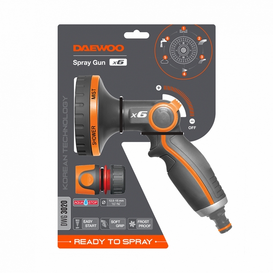 Пистолет-распылитель 1/2 " - 5/8" с плавной регулировкой напора 6 типов струй DAEWOO DWG 3020 Пистолет-распылитель 1/2 " - 5/8" с плавной регулировкой напора 6 типов струй DAEWOO DWG 3020