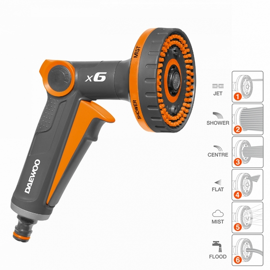 Пистолет-распылитель 1/2 " - 5/8" с плавной регулировкой напора 6 типов струй DAEWOO DWG 3030 Пистолет-распылитель 1/2 " - 5/8" с плавной регулировкой напора 6 типов струй DAEWOO DWG 3030