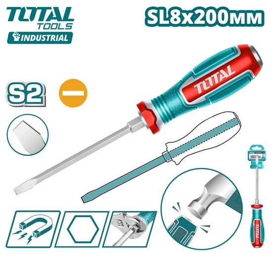 Сквозная шлицевая отвертка SL8x200мм TOTAL TGTSL8200 Сквозная шлицевая отвертка SL8x200мм TOTAL TGTSL8200