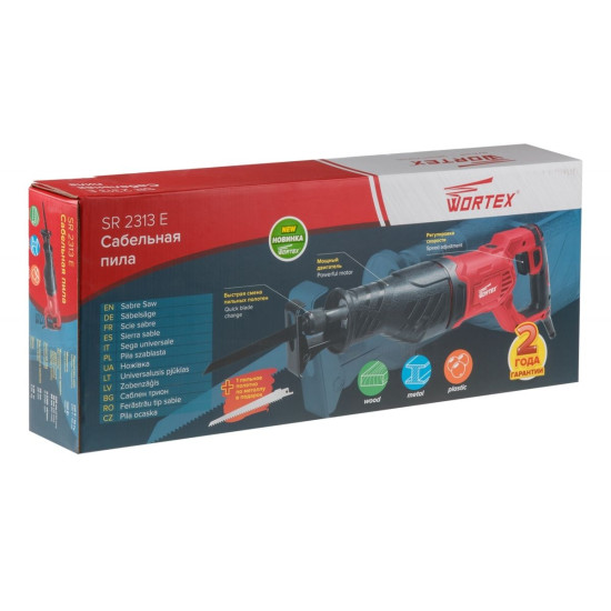 Сабельная пила WORTEX SR 2313 E в кор. + 2 пильных полотна 1100 Вт, дер. 230 мм, ход 28 мм, рег.об. Сабельная пила WORTEX SR 2313 E в кор. + 2 пильных полотна 1100 Вт, дер. 230 мм, ход 28 мм, рег.об.