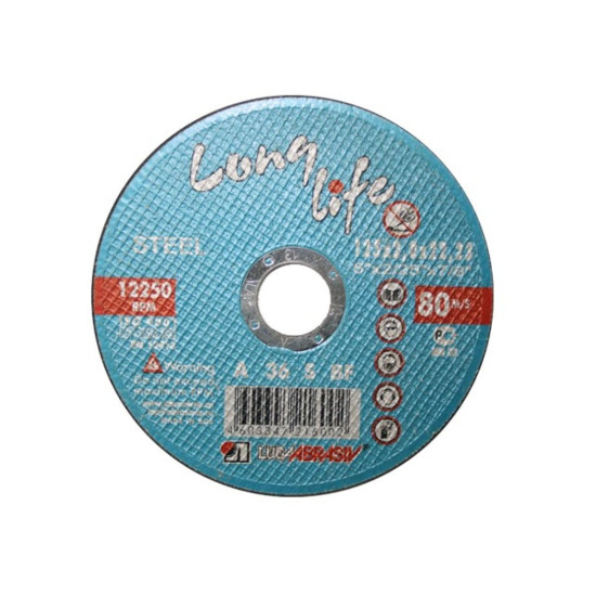 Круг отрезной 125х1.0x22.2 мм для металла Long Life LUGAABRASIV Круг отрезной 125х1.0x22.2 мм для металла Long Life LUGAABRASIV