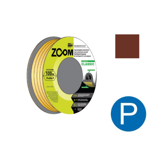 Уплотнитель "P" коричневый 9x5,5мм сдвоенный профиль (2х50м) ZOOM CLASSIC Уплотнитель "P" коричневый 9x5,5мм сдвоенный профиль (2х50м) ZOOM CLASSIC