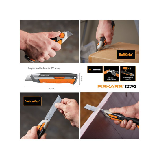 Нож с выдвижным, сменным лезвием 25мм CarbonMax FISKARS Нож с выдвижным, сменным лезвием 25мм CarbonMax FISKARS