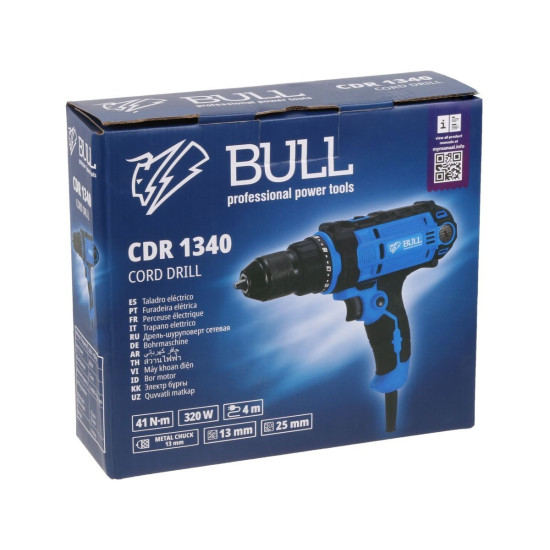 Дрель-шуруповерт BULL CDR 1340 в кор. 320 Вт, 41 Н*м, 2 скор., БЗП(мет.) 13 мм, 4 метра кабель Дрель-шуруповерт BULL CDR 1340 в кор. 320 Вт, 41 Н*м, 2 скор., БЗП(мет.) 13 мм, 4 метра кабель