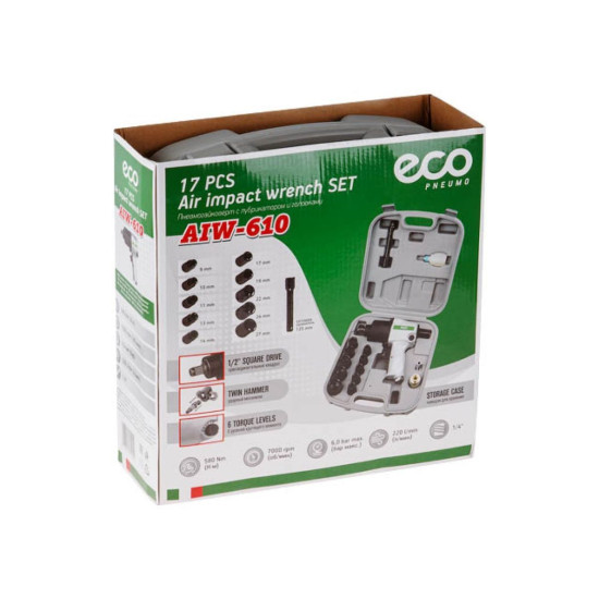 Пневмогайковерт 1/2" ECO AIW-610 с лубрикатором и головками Пневмогайковерт 1/2" ECO AIW-610 с лубрикатором и головками
