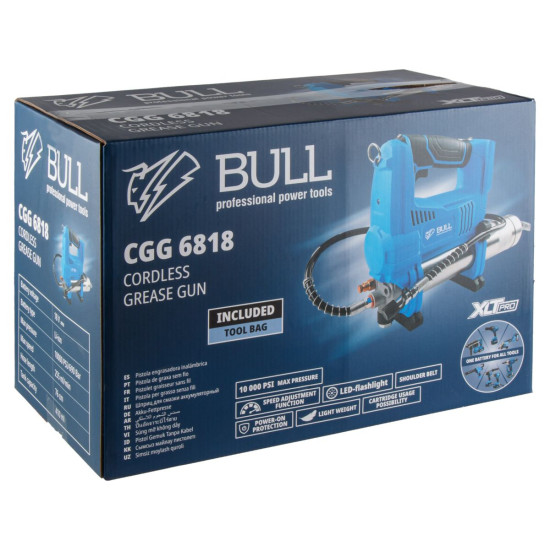 Аккум. шприц для смазки BULL CGG 6818 в кор. XLTpro SET 18 В, 690 атм., 255 г/мин, 1х4 А*ч, з/у 4 А Аккум. шприц для смазки BULL CGG 6818 в кор. XLTpro SET 18 В, 690 атм., 255 г/мин, 1х4 А*ч, з/у 4 А