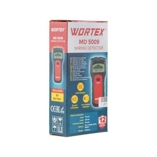 Детектор проводки WORTEX MD 5009 в кор., проводка 50 мм, металл 38 мм, 9 В крона Детектор проводки WORTEX MD 5009 в кор., проводка 50 мм, металл 38 мм, 9 В крона