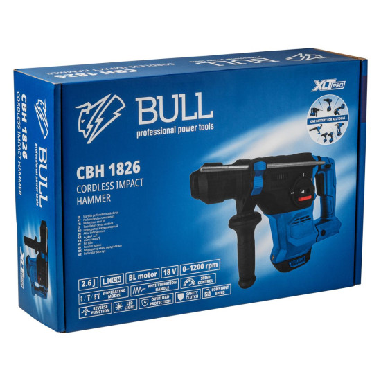 Аккум. перфоратор BULL CBH 1826 Xcase, XLTpro, БЕСЩЕТ., 18 В, 2.6 Дж, 26 мм, 1x4 А*ч, з/у Аккум. перфоратор BULL CBH 1826 Xcase, XLTpro, БЕСЩЕТ., 18 В, 2.6 Дж, 26 мм, 1x4 А*ч, з/у