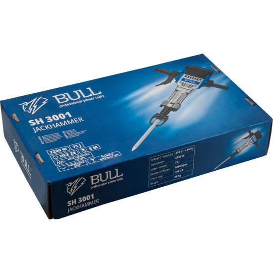 Отбойный молоток BULL SH 3001 в кор. 2000 Вт, 75 Дж, HEX 28.6 мм, 1050 уд/мин, 5 м кабель Отбойный молоток BULL SH 3001 в кор. 2000 Вт, 75 Дж, HEX 28.6 мм, 1050 уд/мин, 5 м кабель