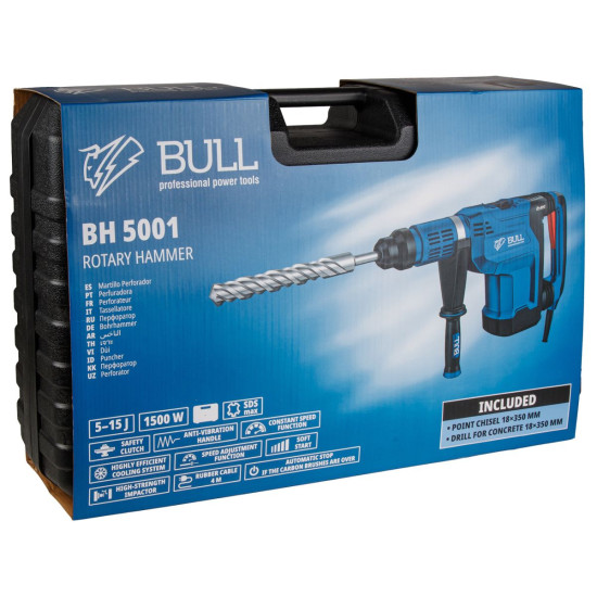 Перфоратор BULL BH 5001 в чем. 1500 Вт, 5-15 Дж, 50 мм, 2 реж. + 1 зуб., 1 сверло, SDS-max, рег. об. Перфоратор BULL BH 5001 в чем. 1500 Вт, 5-15 Дж, 50 мм, 2 реж. + 1 зуб., 1 сверло, SDS-max, рег. об.